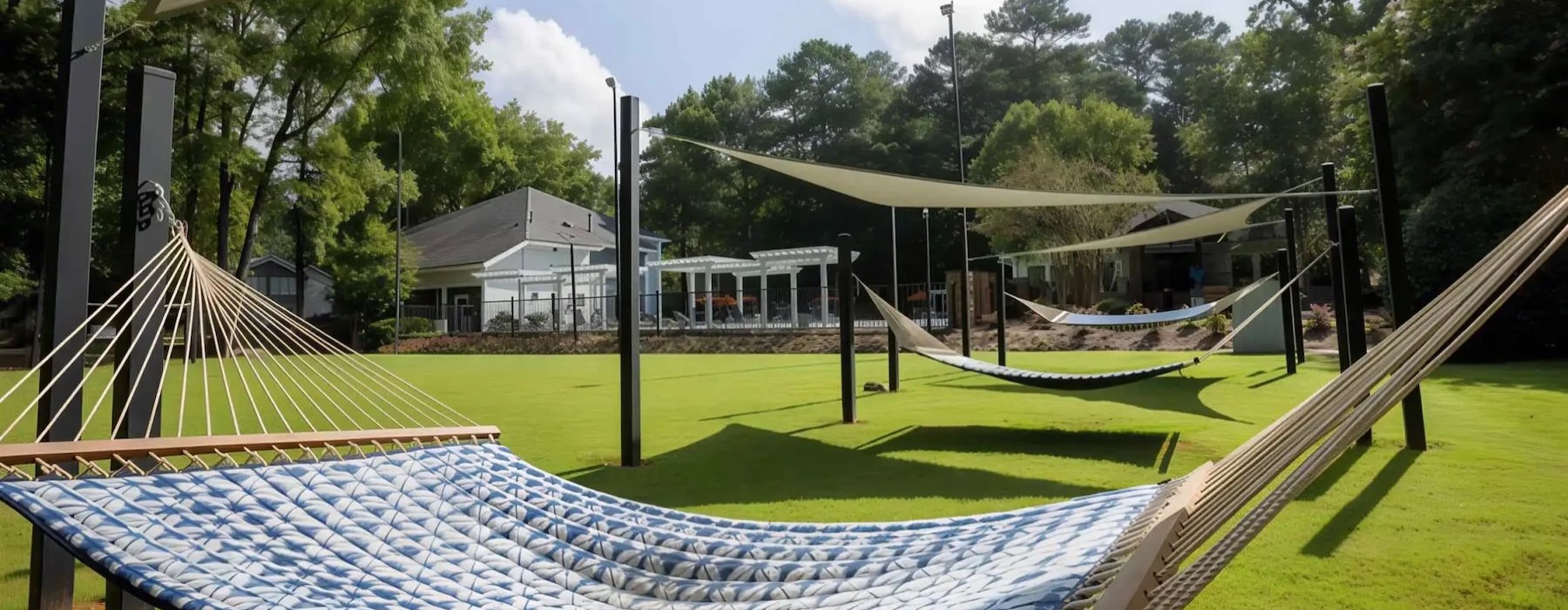 a yard with hammocks